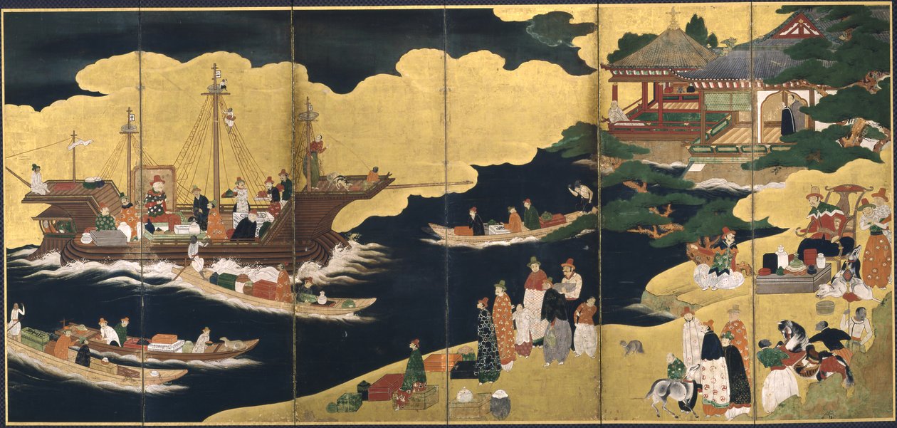 Příjezd portugalské lodi. Obrazovka Nanban, ca. 1600 od Unbekannt