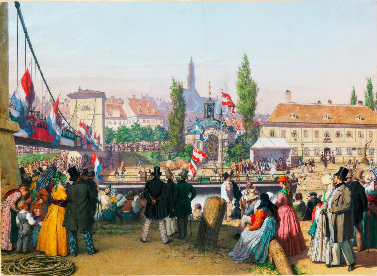 Příjezd parníku na nádraží na Dunaji – kanál, Vídeň, 1845 Akvarel od Unbekannt