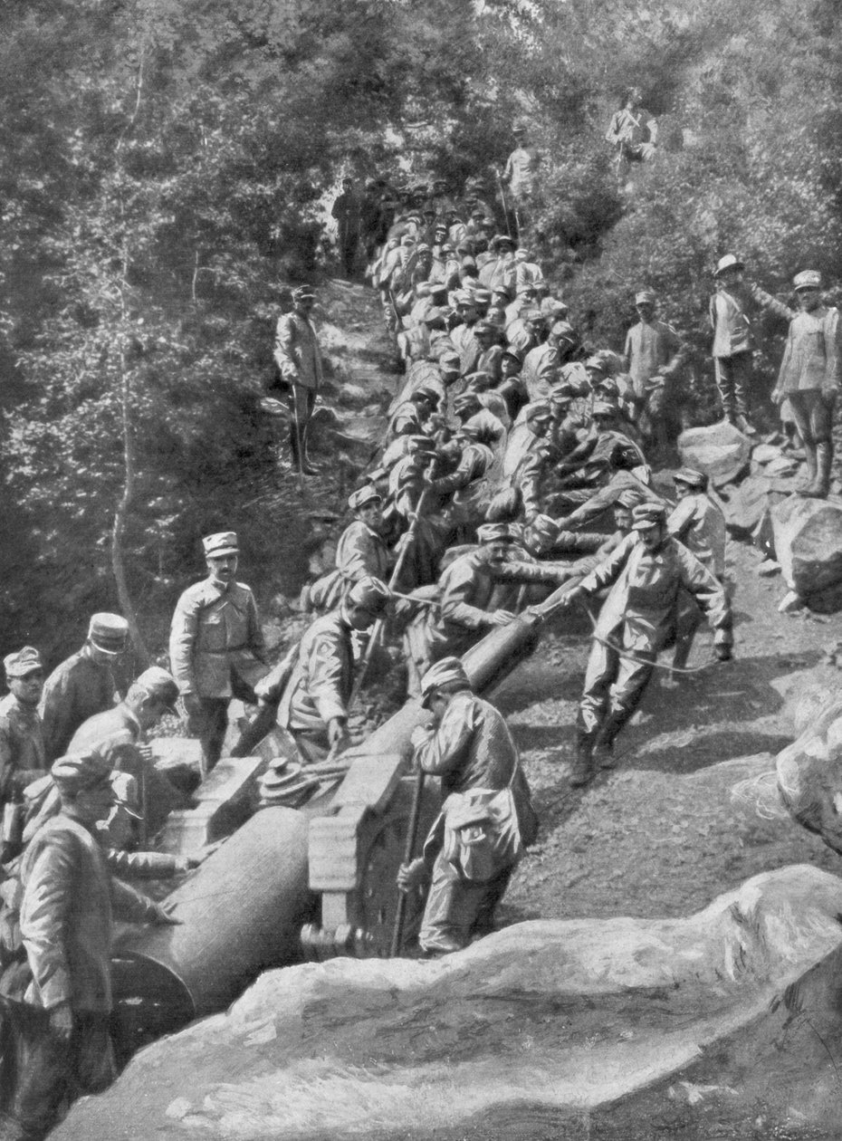 Dělostřelecký kus tažený 600 vojáky, druhá bitva o Isonzo, první světová válka, 1915 od Unbekannt