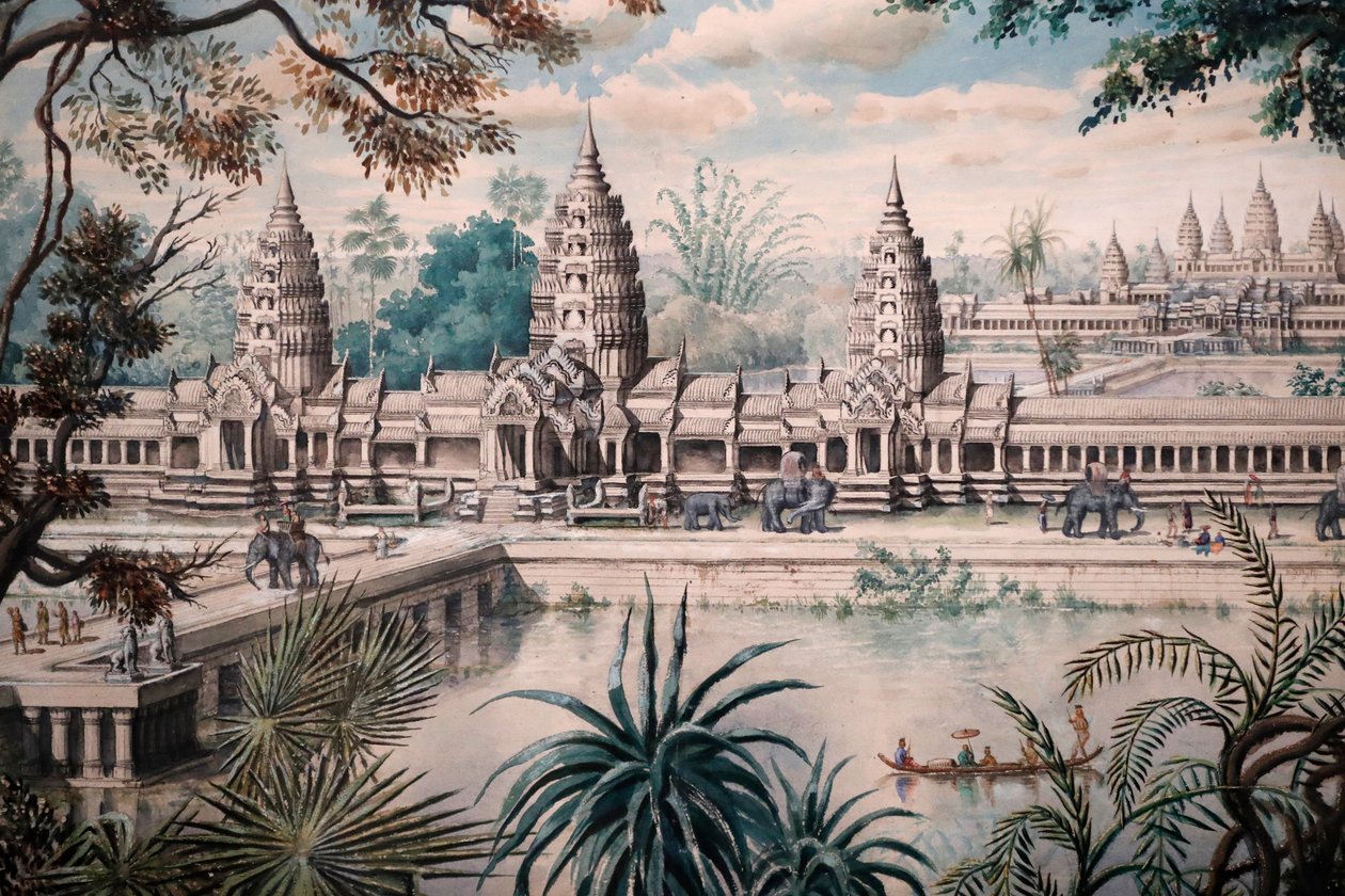 Muzeum asijských civilizací, Angkor, Prozkoumávání posvátného města Kambodže, Pohled na Angkor Wat, Tisk na kresbě Jacquese Guiauda podle náčrtu Henriho Mouhota, Pohled na Angkor Wat od Louise Delaporteho kolem let 1870-73, Singapur, 2018 (foto) od Unbekannt