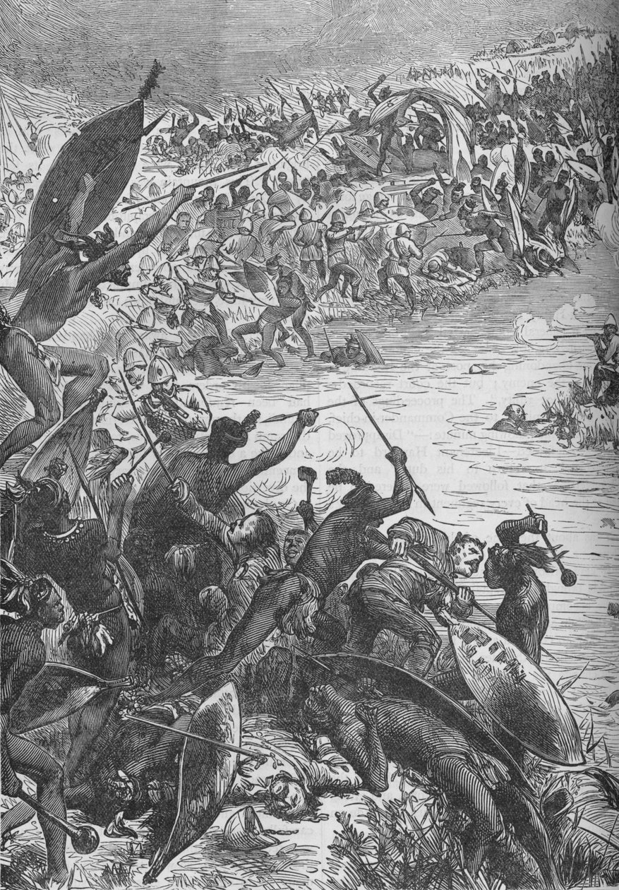 Útok Zuluů na doprovod osmdesátého pluku u řeky Intombe, 1879, c1880 od Unbekannt