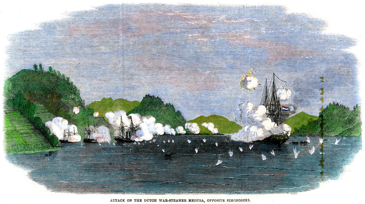 Útok na holandský válečný parník Medusa naproti Shimonoseki, Japonsko, 1863 od Unbekannt