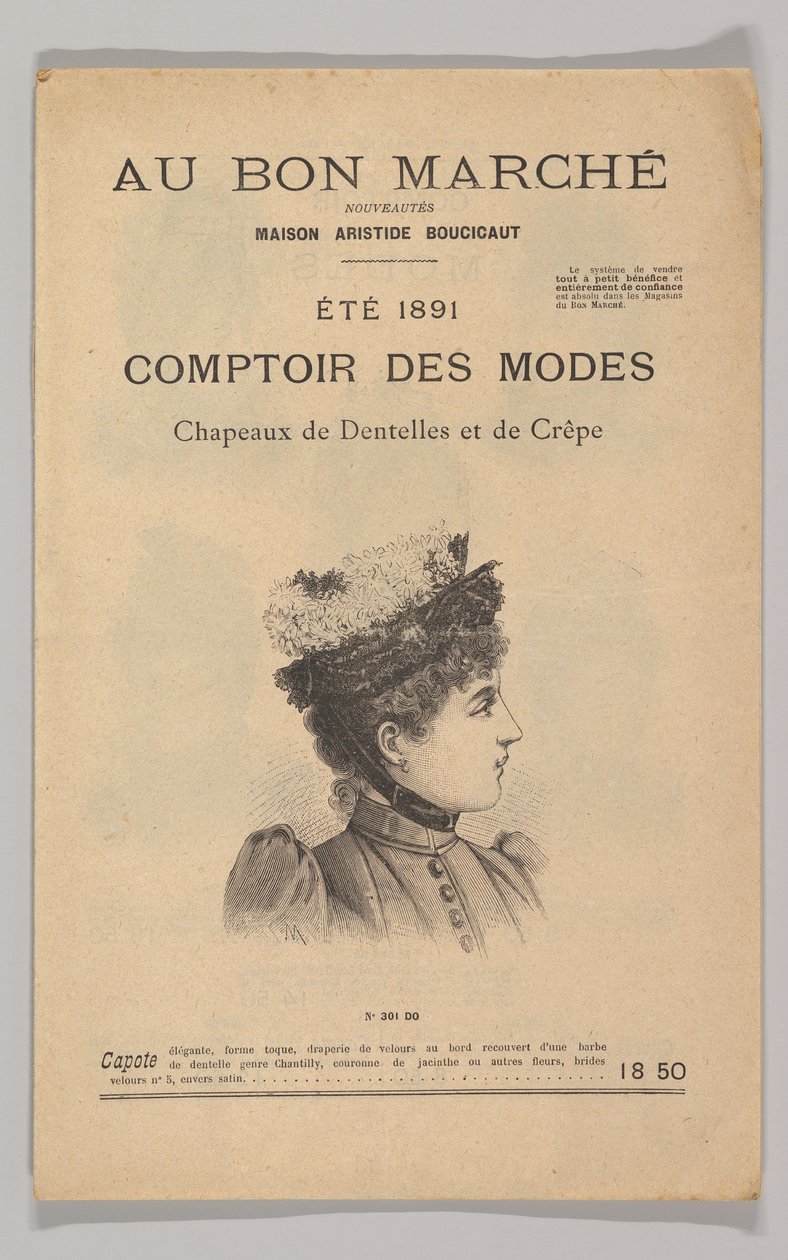 Au Bon Marché-Comptoir des Modes, krajkové a krepové klobouky, léto 1891, 1891. od Unbekannt