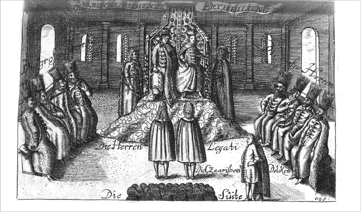 Audience s Ivanem V., Petrem I. a Sophií Aleksejevnou z filmu Georg Adam Schleissing Derer beyden Czaaren v Reussland..., 1693 od Unbekannt