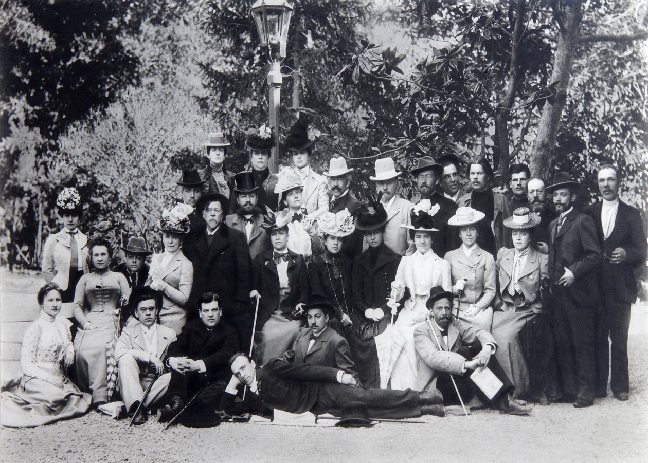 Autor Maxim Gorkij a Anton Čechov mezi herci Moskevského uměleckého divadla, 1900 od Unbekannt
