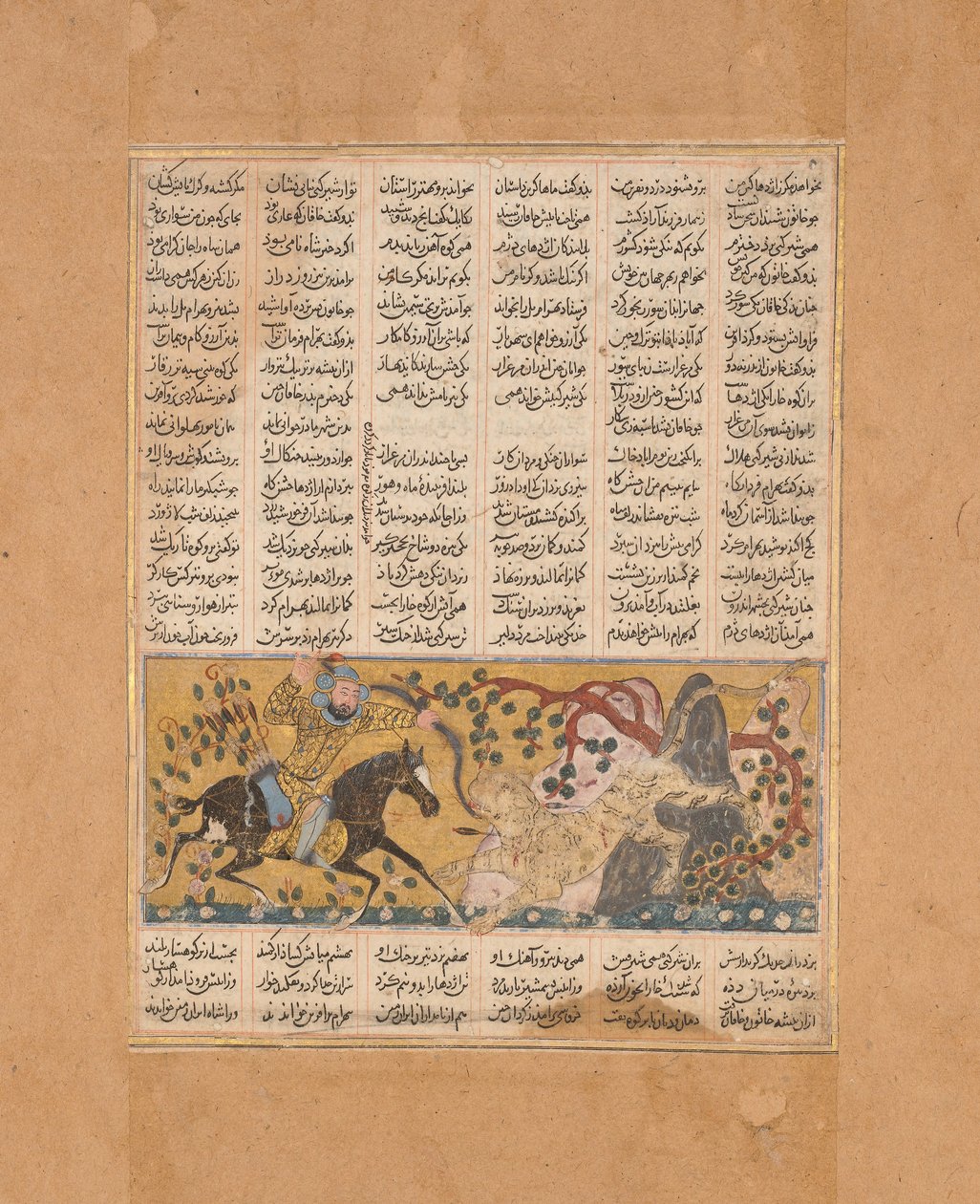 Bahram Chubina Kills the Lion-Shaped Ape Monster, Folio from a Shahnama..., ca. 1300-30. od Unbekannt