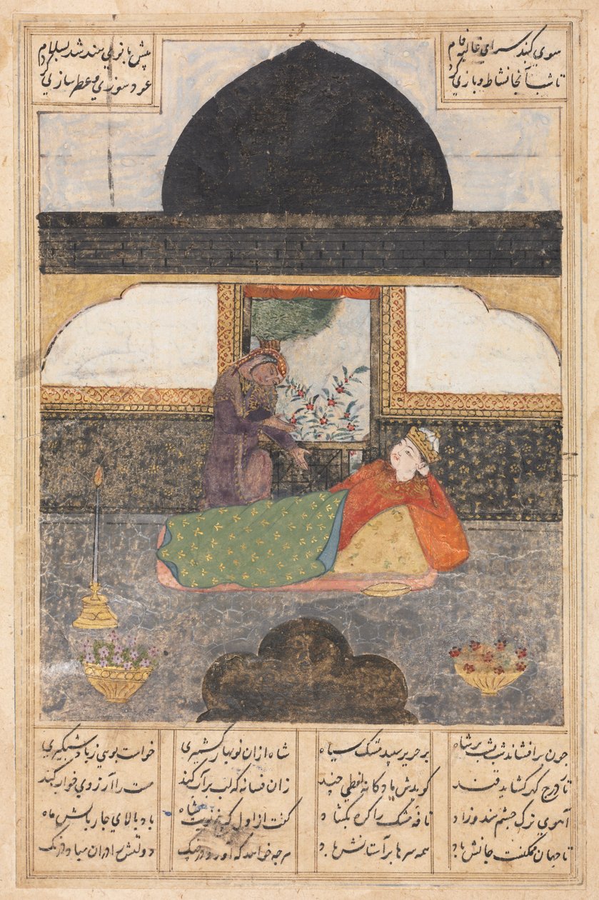 Bahram Gur navštěvuje princeznu Indie v rektoři Černého pavilonu..., c. 1400-1410. od Unbekannt
