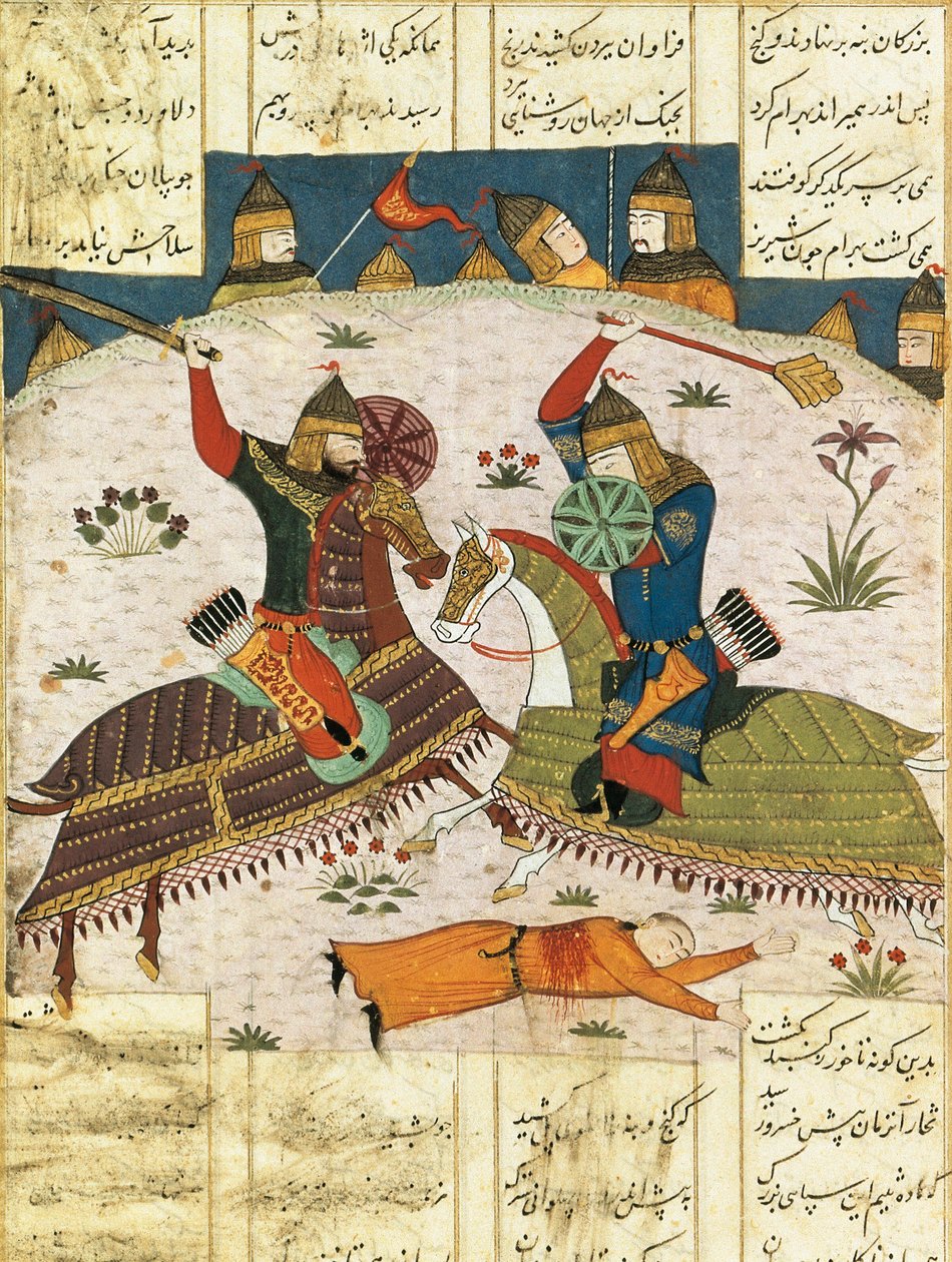 Noční útok Bahrama Shubiny na tábor Khusrau Parviz, c. 1420. Malovaná miniatura, od Unbekannt
