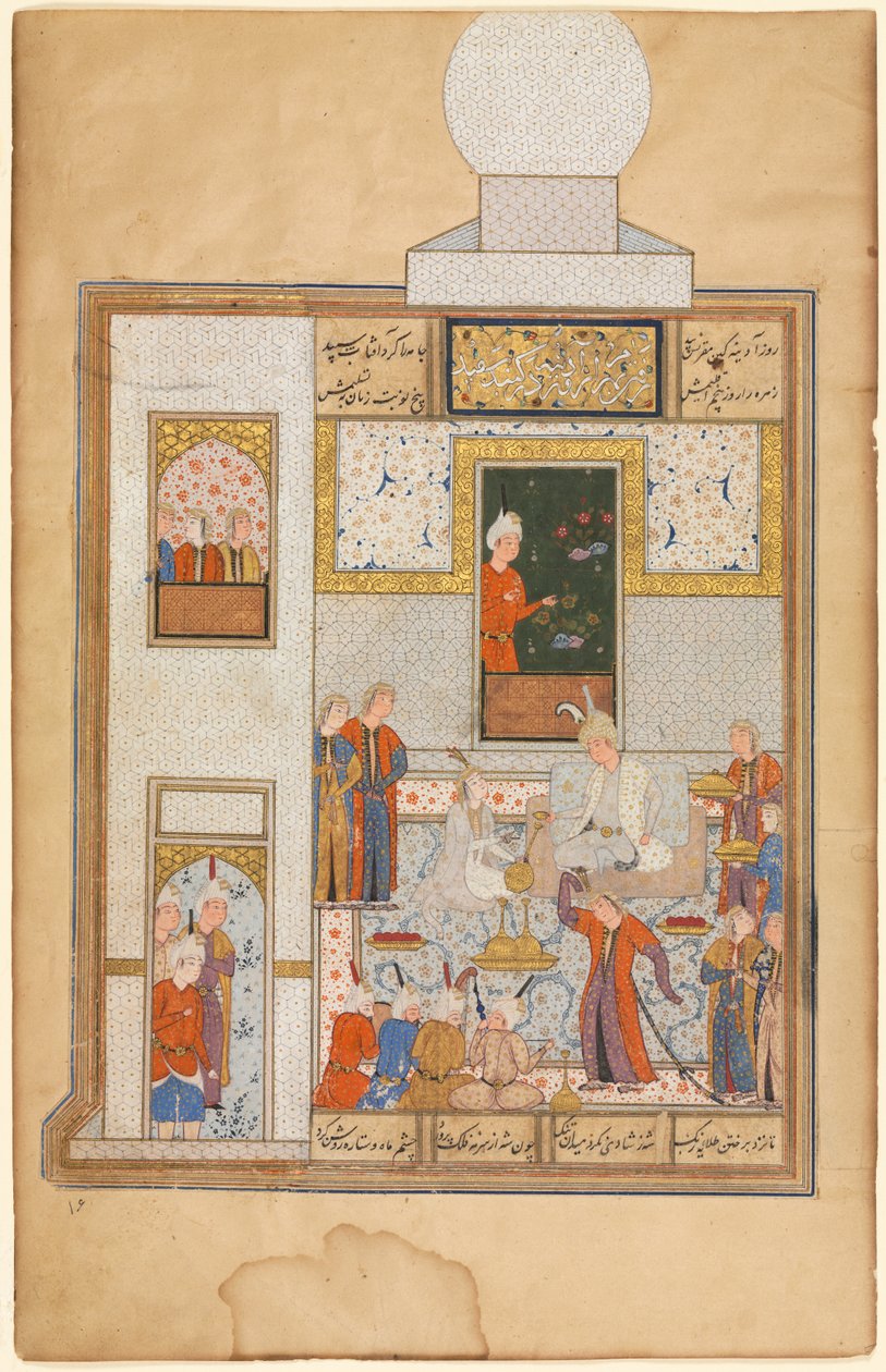 Bahram navštěvuje bílý kupolový pavilon recto, část Khamsa of Nizami, Haft Paykar..., c. 1560-15 od Unbekannt