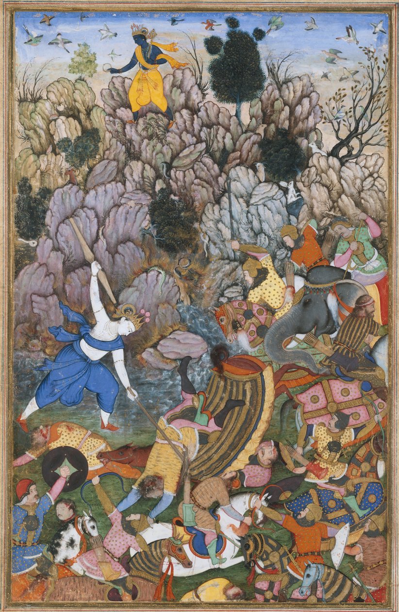 Balarama a Krišna bojující s nepřítelem, Folio z Harivamsy Legenda o..., ca. 1590-95. od Unbekannt