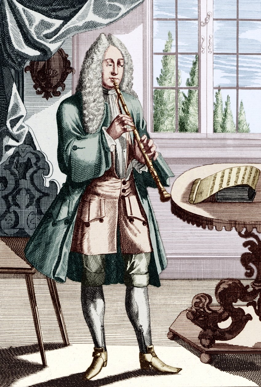 Barokní hobojový hudebník titulek zní - Muž hrající hautboy (nebo hautbois), což je raná hobojová rytina od J C Weigela (1661-1726) z Musikalisches Theatrum. od Unbekannt