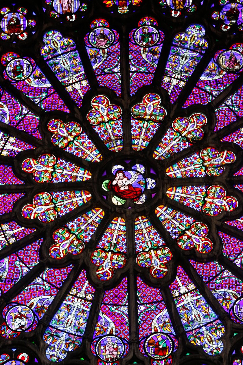 Bazilika sv, Denis, severní transept, vitráže (detail), růžové okno nad střední bránou, Saint-Denis, Francie od Unbekannt