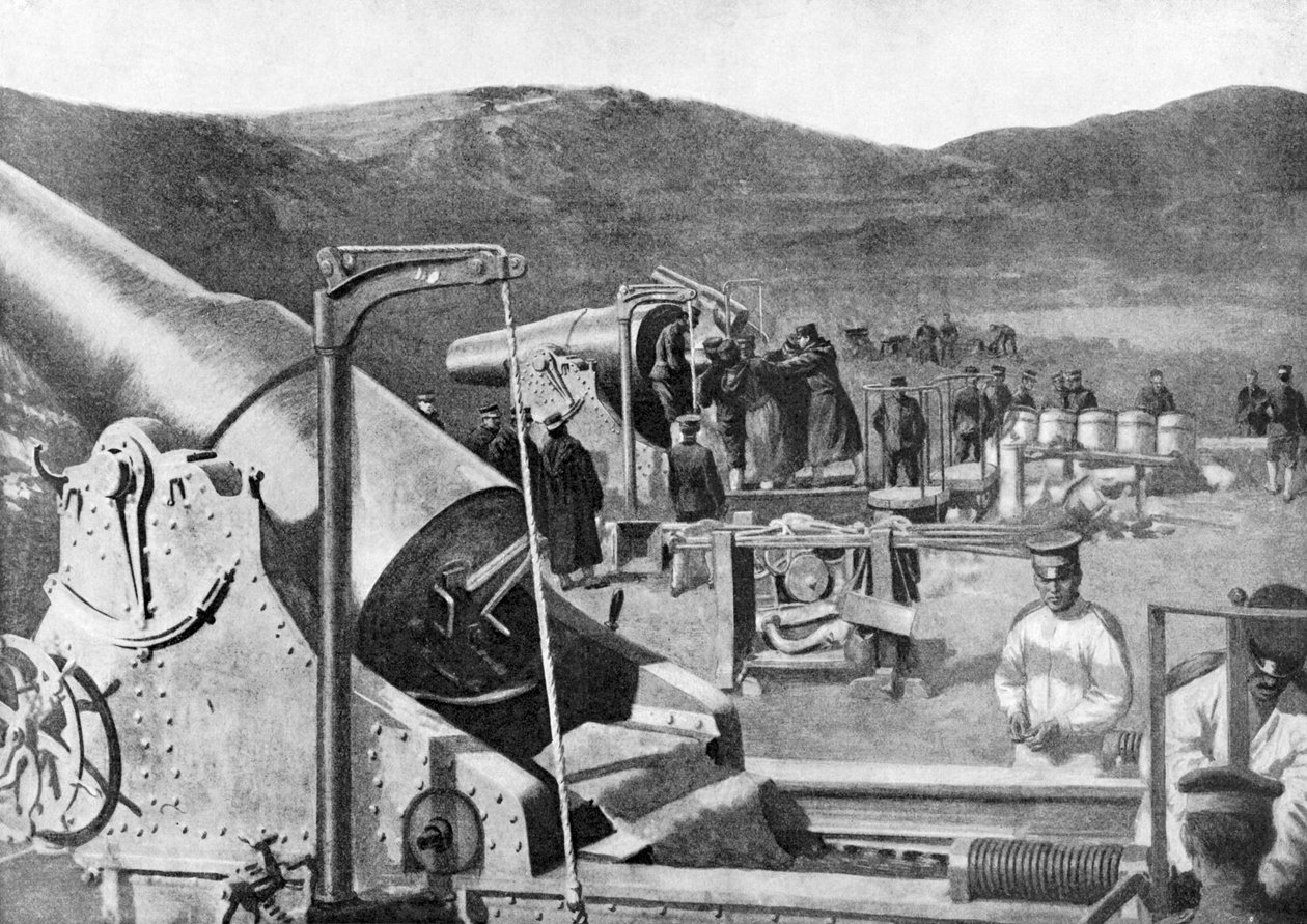 Baterie japonských obléhacích děl bombardujících Port Arthur, rusko-japonská válka, 1904-5 od Unbekannt