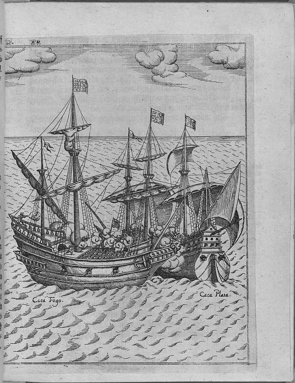 Bitva mezi lodí Francise Drakese Golden Hind a španělskou lodí Cacafuego. Od Levina Hulsiu od Unbekannt