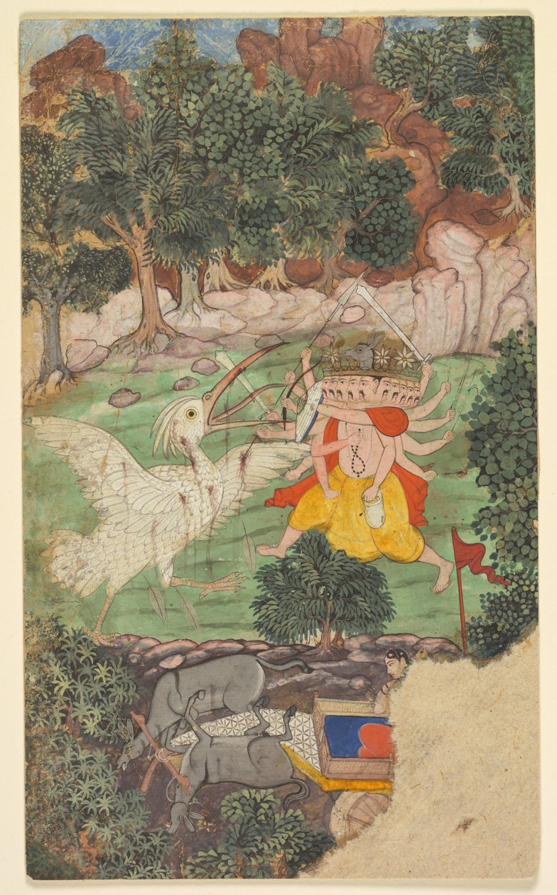 Bitva o Rávanu a Jatayu, ze sarga kapitoly 49 v Aranya-kanda Book of the Forest..., c. od Unbekannt