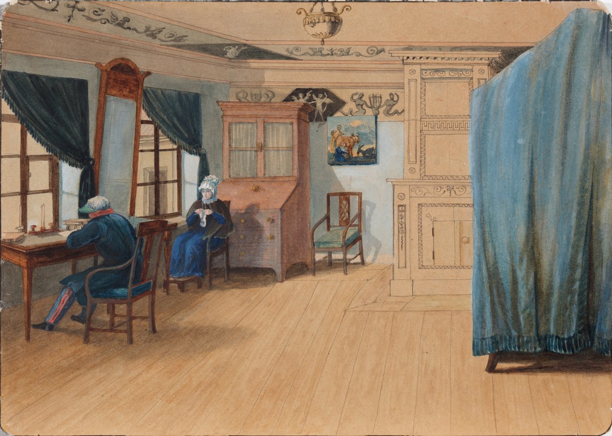 Interiér ložnice. Hrabě Jegor Francevič Kankrin 1774-1845 u svého stolu, 20. léta 19. století od Unbekannt