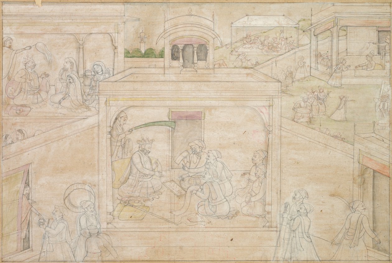 Bhimas Konzultace s astrologem: Scéna z kreseb Nala-Damayanti, c. 1790-1800. od Unbekannt