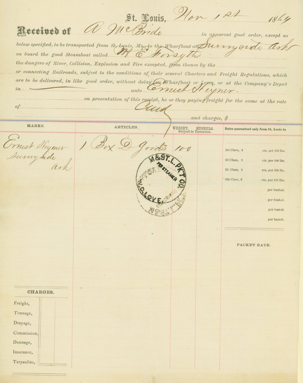 Nákladní list, parník M [ary] E. Forsyth, Sunnyside, Arkansas, 1. listopadu 1864 od Unbekannt