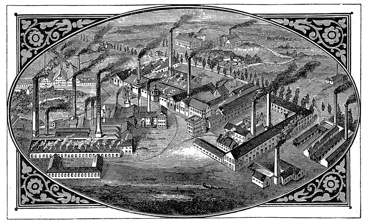 Pohled na Kruppsova díla z ptačí perspektivy, Essen, Německo, 1876 od Unbekannt