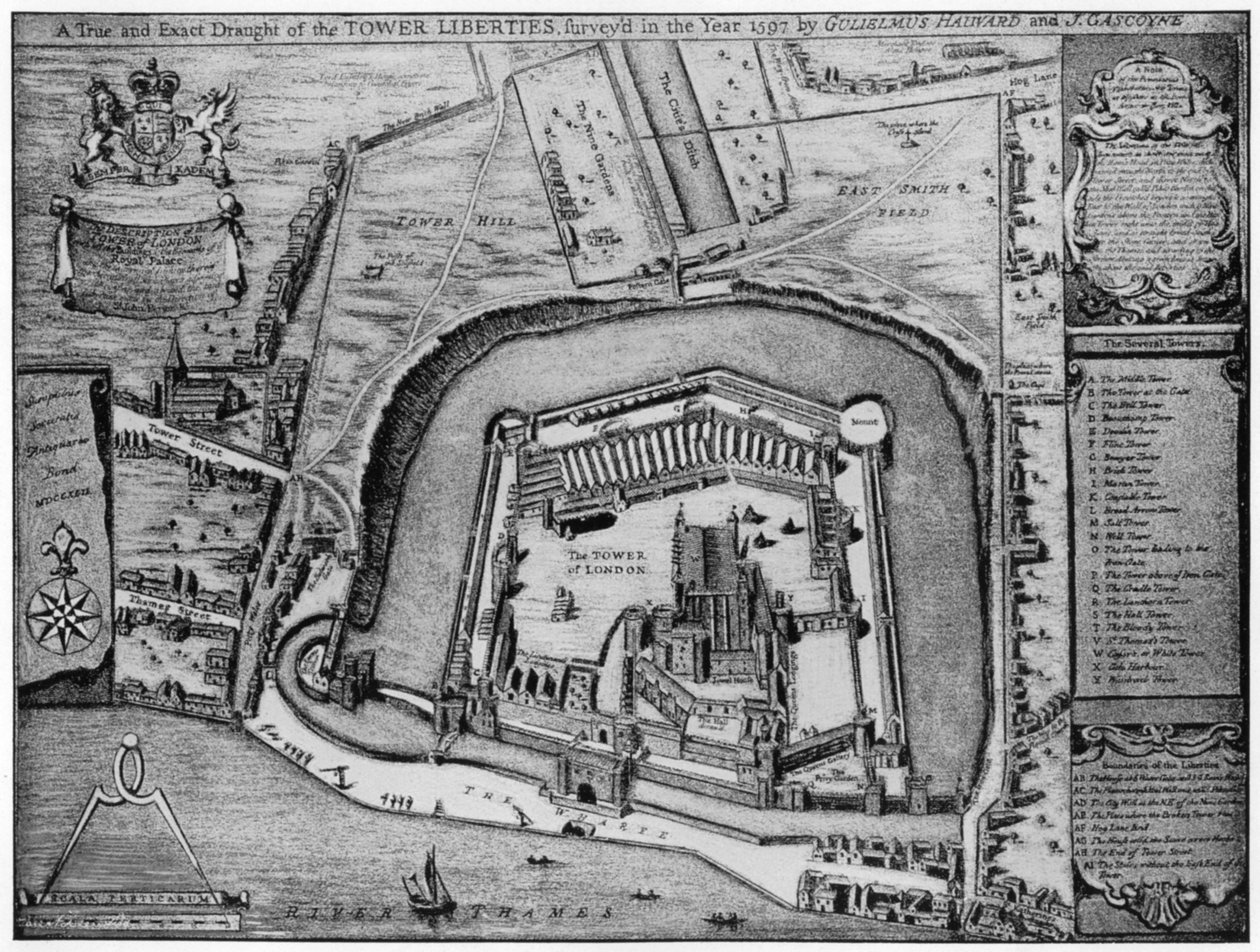 Pohled z ptačí perspektivy na Tower a Liberties, jak se objevily v roce 1597, Londýn, 20. století. od Unbekannt