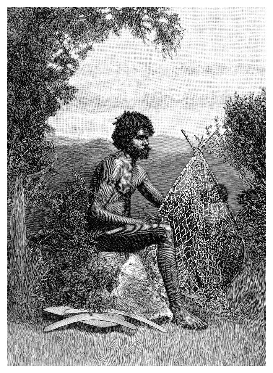 Blackfellow Mending His Net, Austrálie, 1886 od Unbekannt