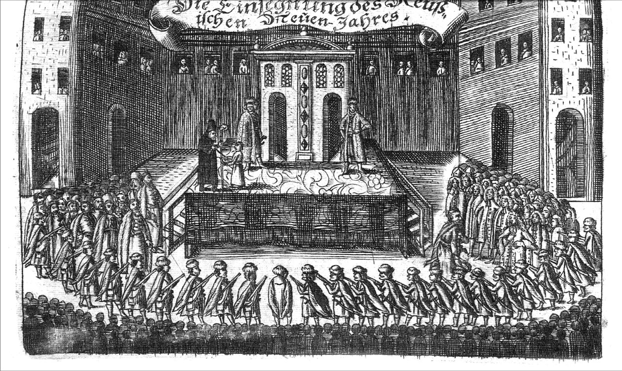 Požehnání ruského nového roku od Georga Adama Schleissinga Derer beiyden Czaaren v Reussland Ivan a Peter Alexewiz, 1693 od Unbekannt