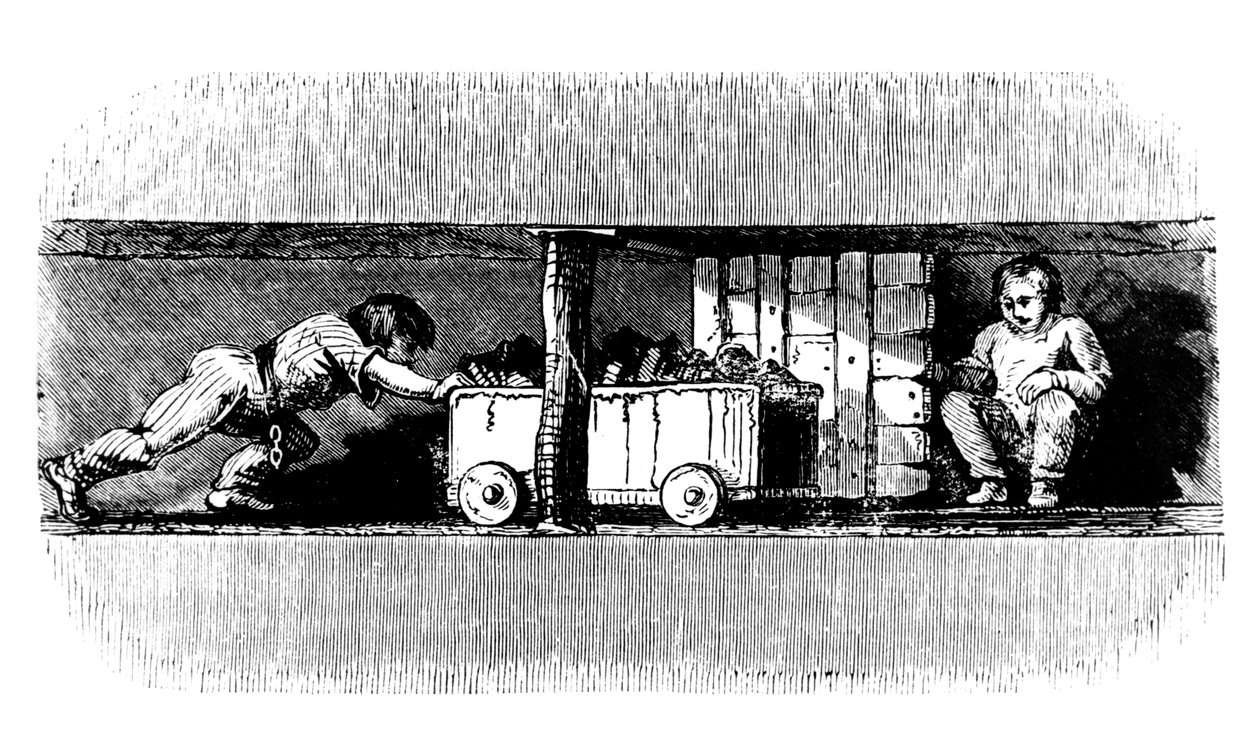 Chlapec tlačí náklaďák naložený uhlím z uhelné stěny na dno jámy, c1848 od Unbekannt