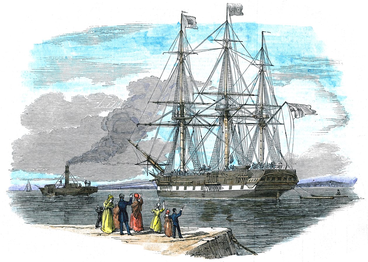 Britská emigrantská loď je odtažena z přístavu před vyplutím do australského Sydney od Unbekannt