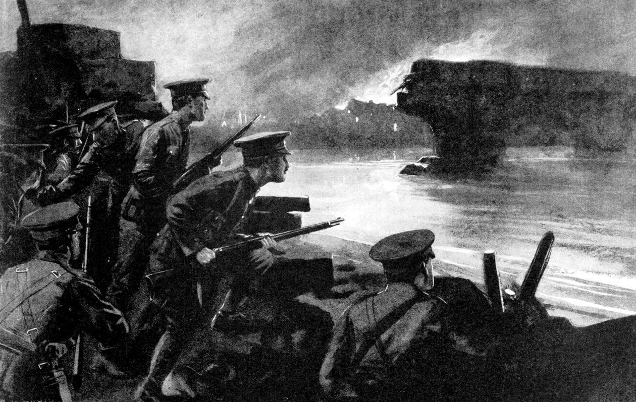 Britští vojáci na břehu řeky připraveni na německý postup, Belgie, první světová válka, 1914 od Unbekannt