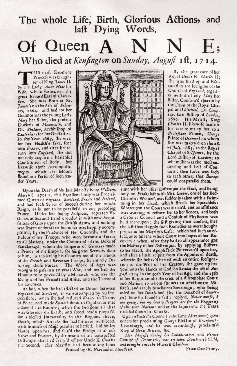 Broadside publikoval o smrti královny Anny, 1714 1906 od Unbekannt