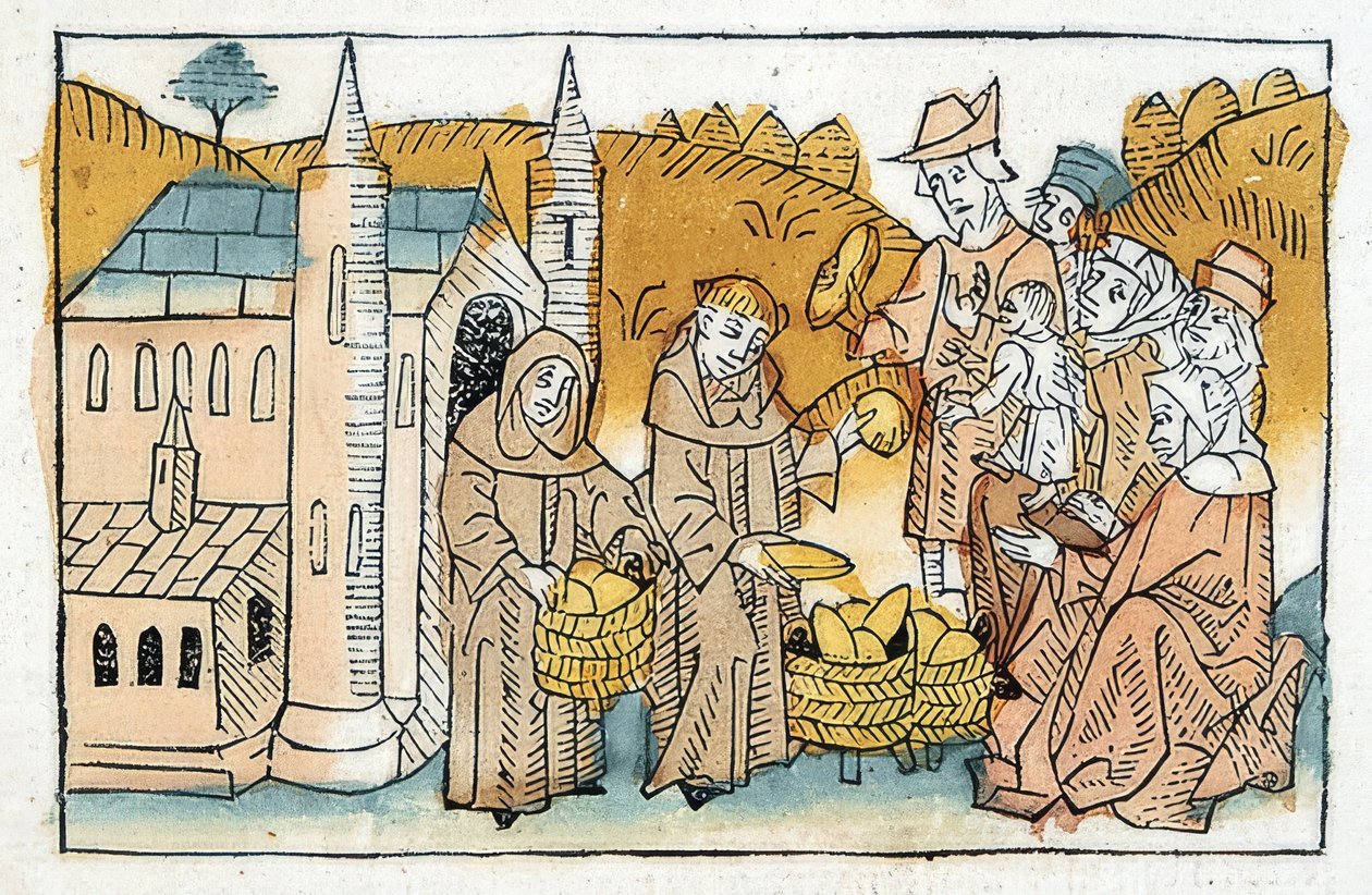 Rozdávání chleba chudým bratřími v klášteře. Kolem roku 1477 od Unbekannt
