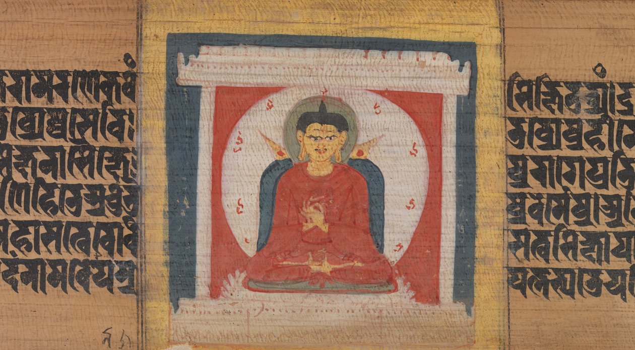 Buddha trůnící ve svatyni, list z...Pancavimsatisahasrika Prajnaparamita..., ca. 1090. od Unbekannt