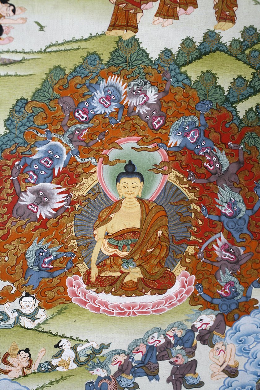 Buddha Sakya Muni obklopen pokušením. Thangka, Bhaktapur, Nepál od Unbekannt