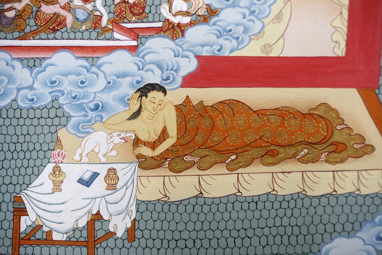 Buddhova matka sní o bílém slonovi. Thangka, Bhaktapur, Nepál od Unbekannt