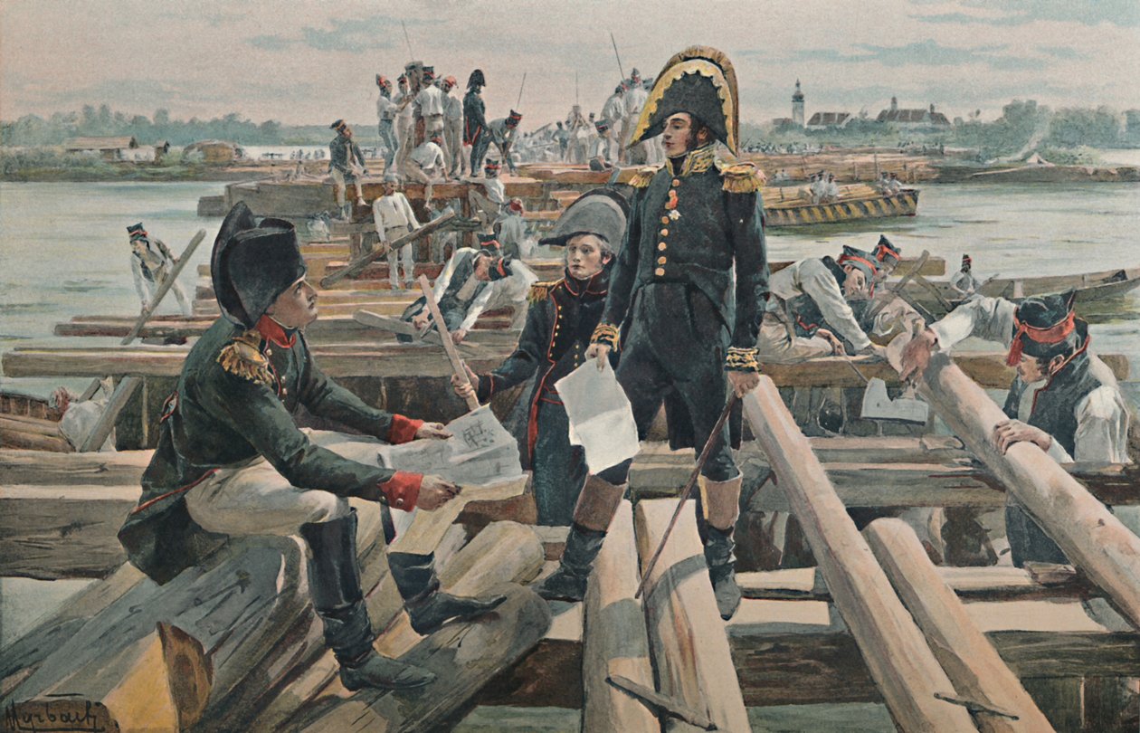 Stavba mostu na ostrově Lobau, 1809, 1896 od Unbekannt