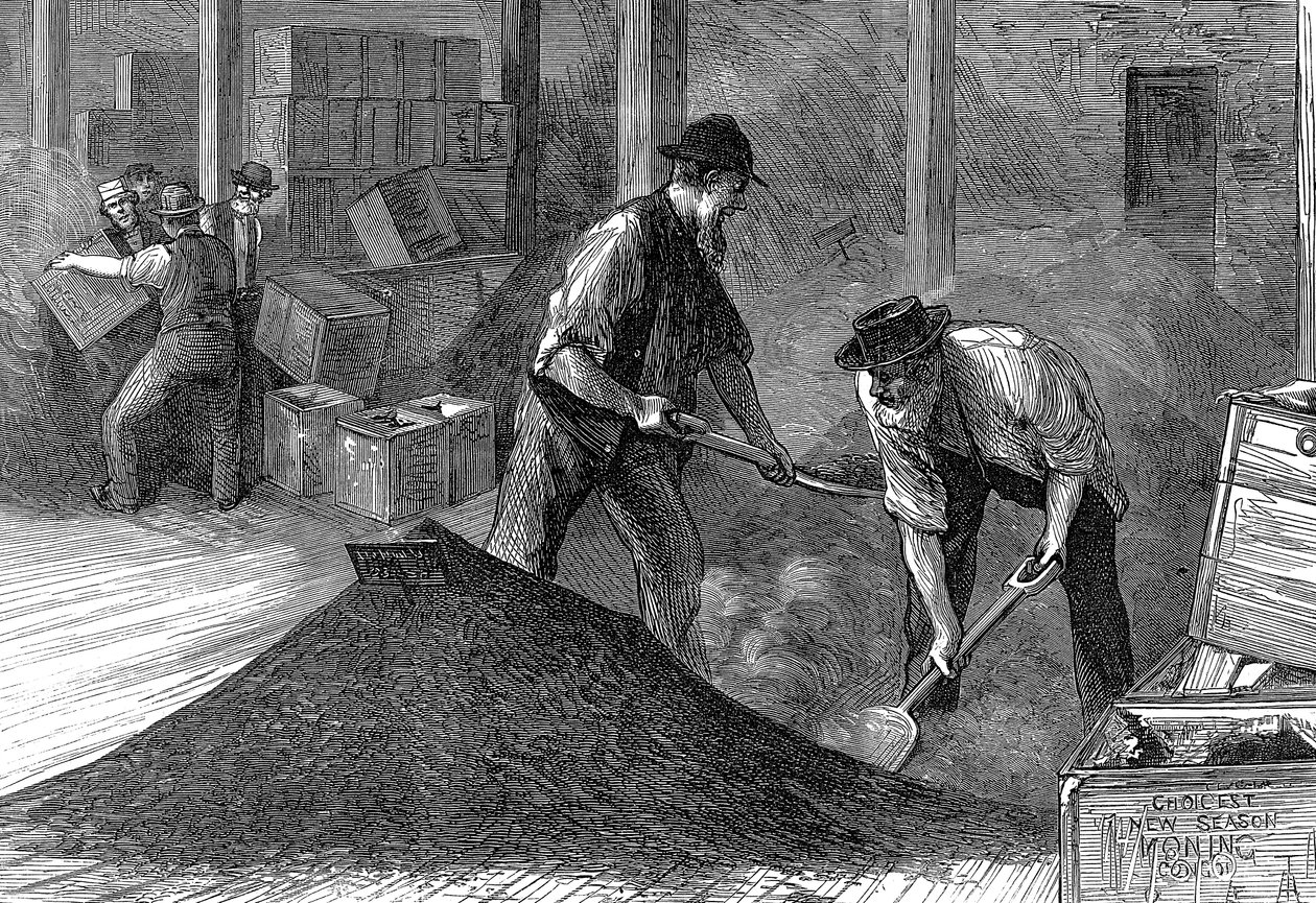 Hromadění čaje ve skladech East & West India Dock Company, Londýn, 1874 od Unbekannt
