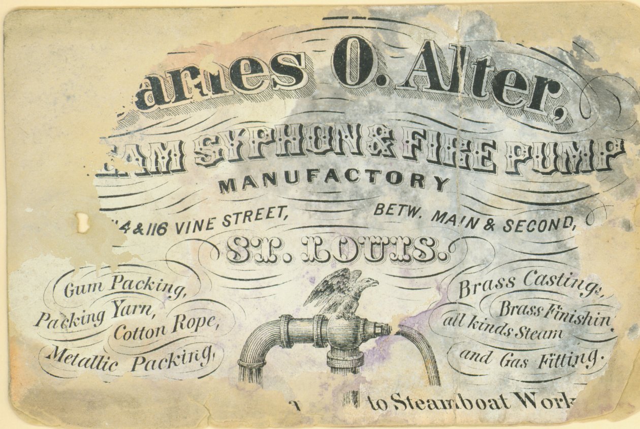 Vizitka James O. Alter, manufaktura na parní sifon a požární čerpadlo, St. Louis, ca. 1870 od Unbekannt