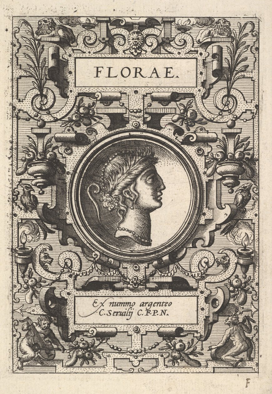 Busta Florae obklopená řemínky, ze série Deorum dearumque, soubor obrazů..., 1573. od Unbekannt