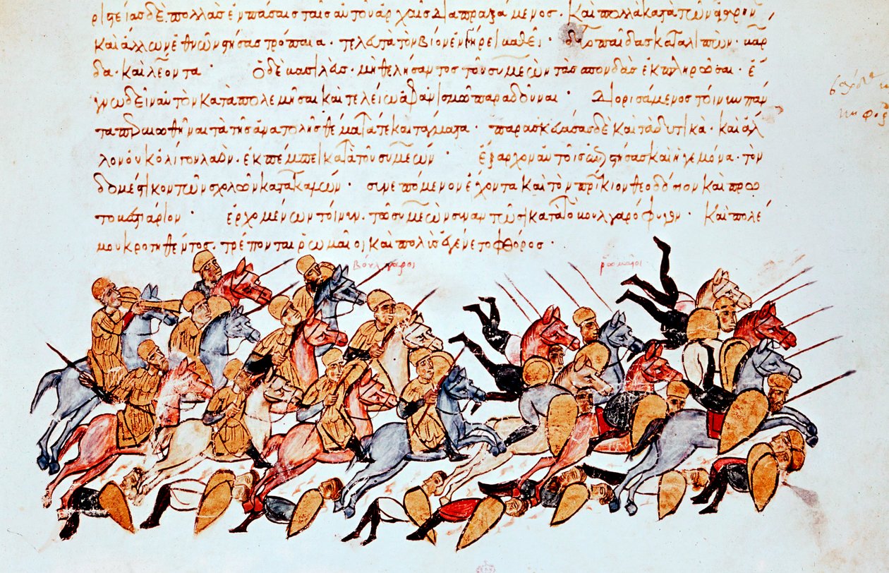 Byzantští jezdci přehlušující nepřátelskou jízdu a pěšáky od Unbekannt