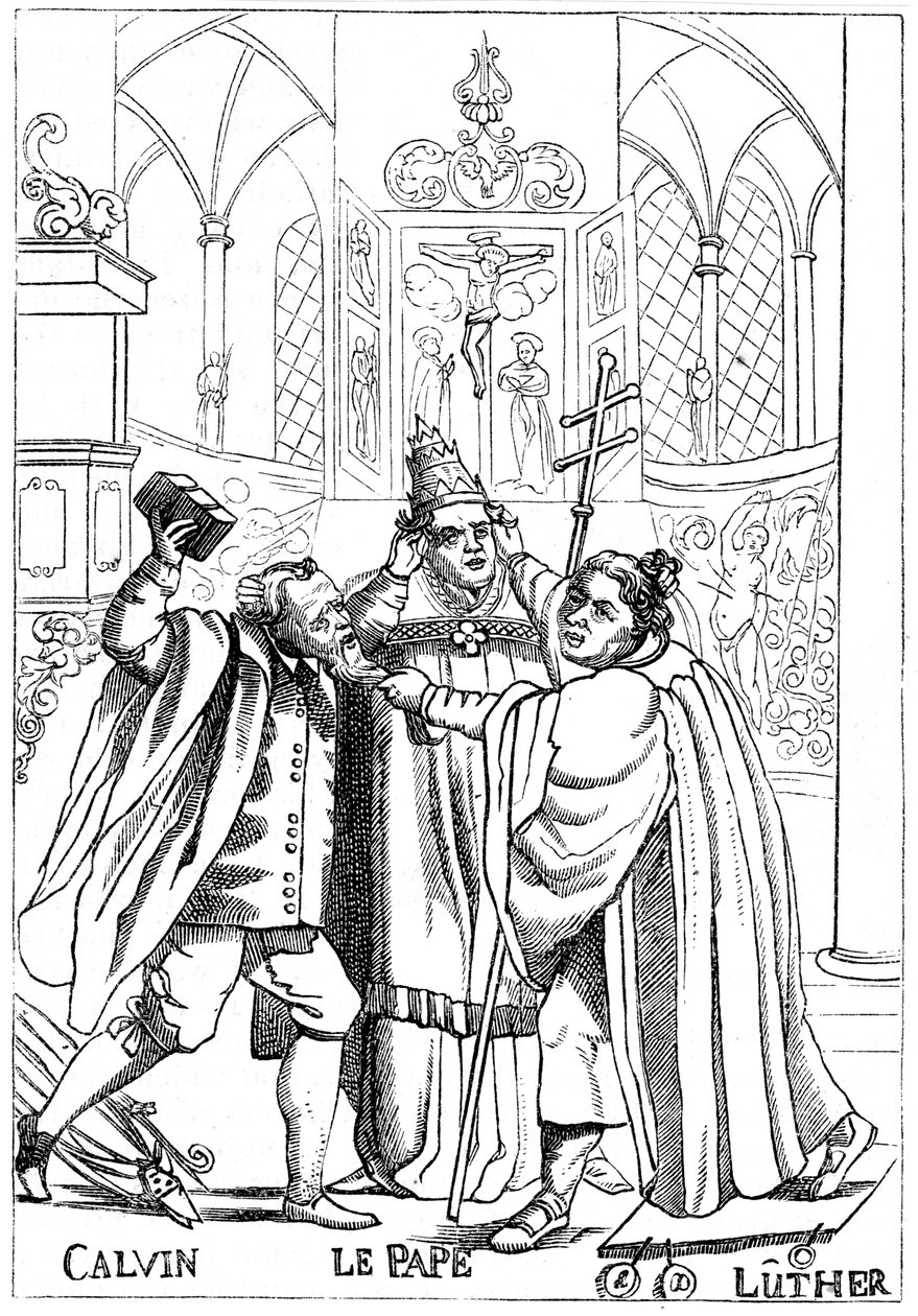 Kalvín, Luther a papež, kteří spolu bojují, publikoval 1600 od Unbekannt