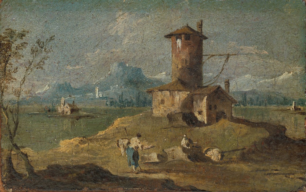 Capriccio s ostrovem, věží a domy, 18. století. od Unbekannt