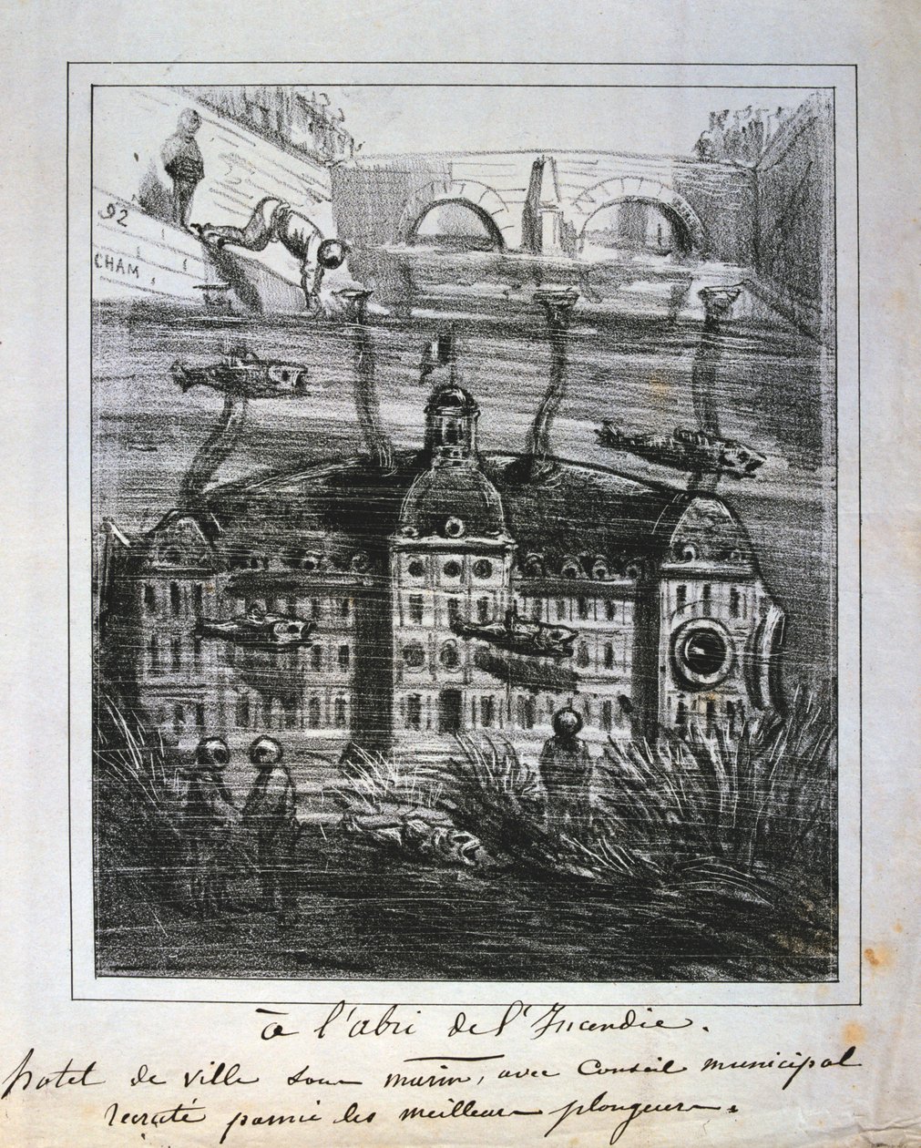 Kreslený návrh na přestavbu Hotel de Ville pod vodou, aby se zabránilo požáru, Pařížská komuna, 1871. od Unbekannt