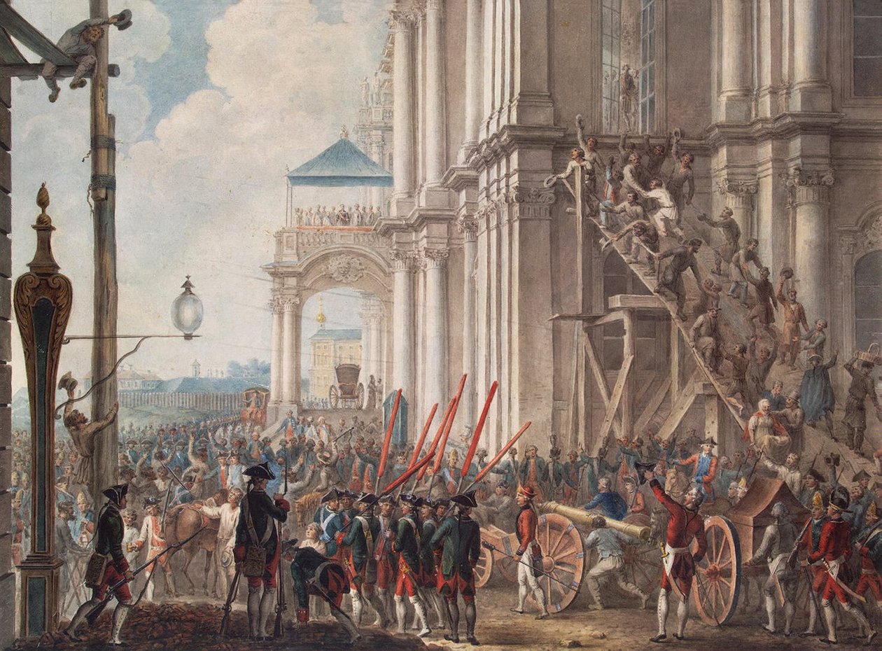 Kateřina II. na balkóně Zimního paláce, přivítaná strážemi v den palácové revoluce 28. června 1762, konec 18. stol. od Unbekannt
