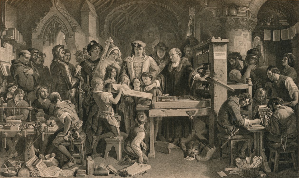 Caxton ukazuje první exemplář svého tisku králi Edwardu IV ve Westminsteru, c1477 1905 od Unbekannt