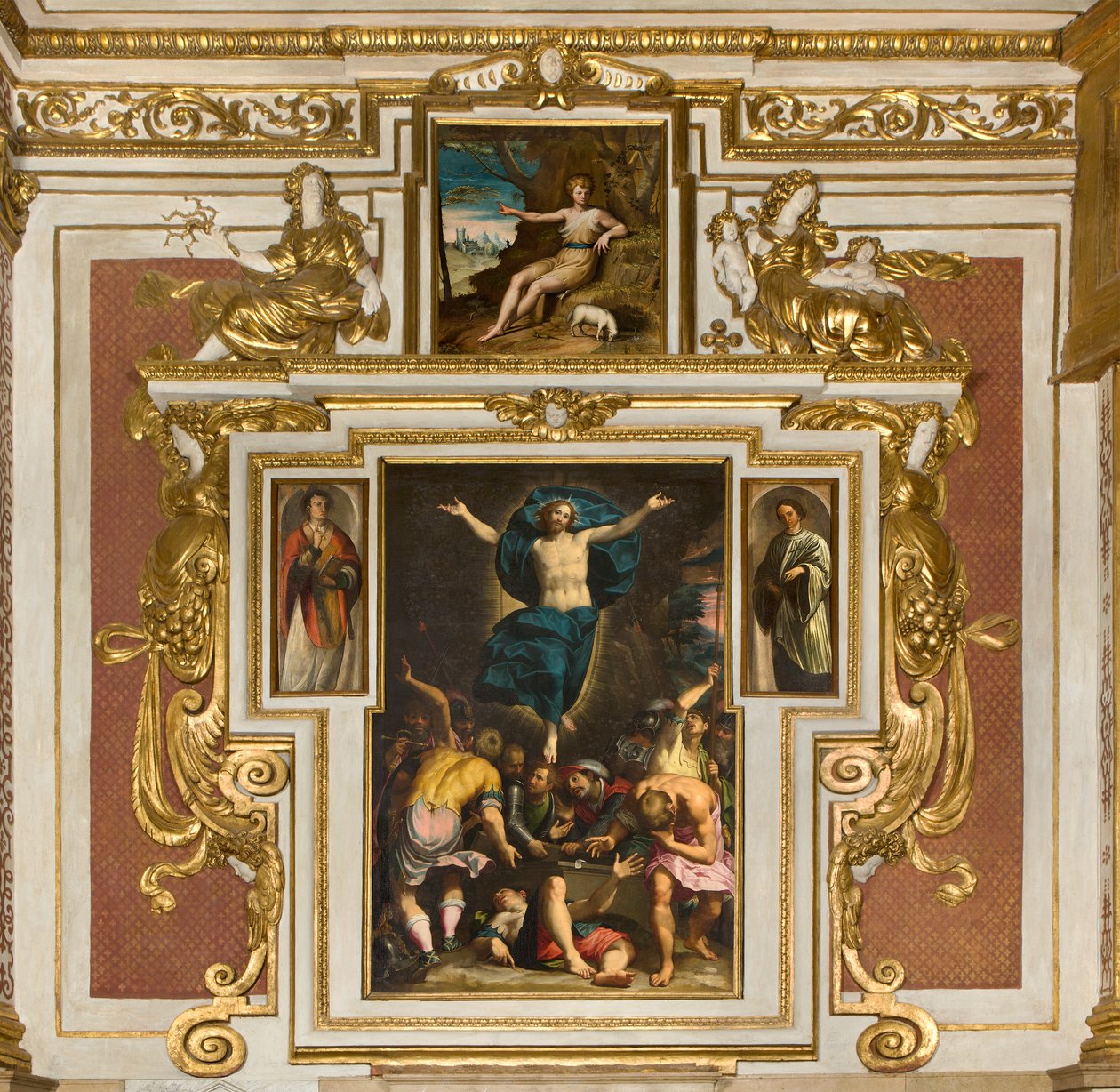Kaple Panny Marie lidu, druhé rozpětí jižní strana, Giovan Battista Trotti známý jako Malosso, Vzkříšení 1594, Bernardino Campi, poušť San Giovanni nel 1569, Katedrála Santa Maria Assunta, Duomo, Cremona, Lombardie, Itálie (foto) od Unbekannt
