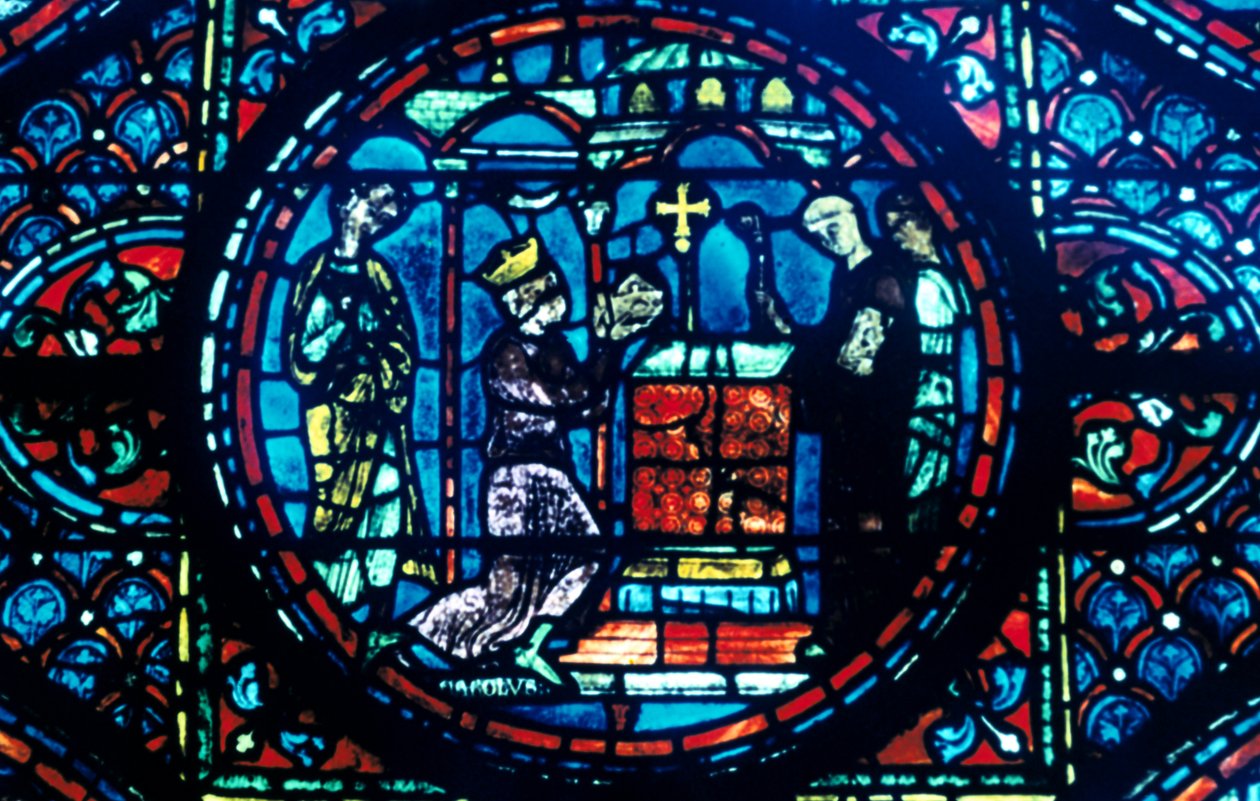 Karel Veliký dává relikvie kapli v Aix, barevné sklo, katedrála v Chartres, Francie, c1225 od Unbekannt