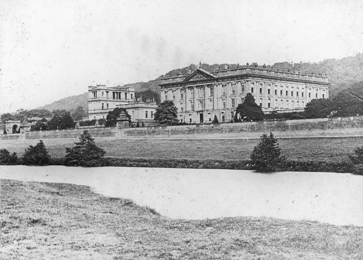 Chatsworth House přes řeku Derwent, Derbyshire, konec 19. nebo začátek 20. století od Unbekannt