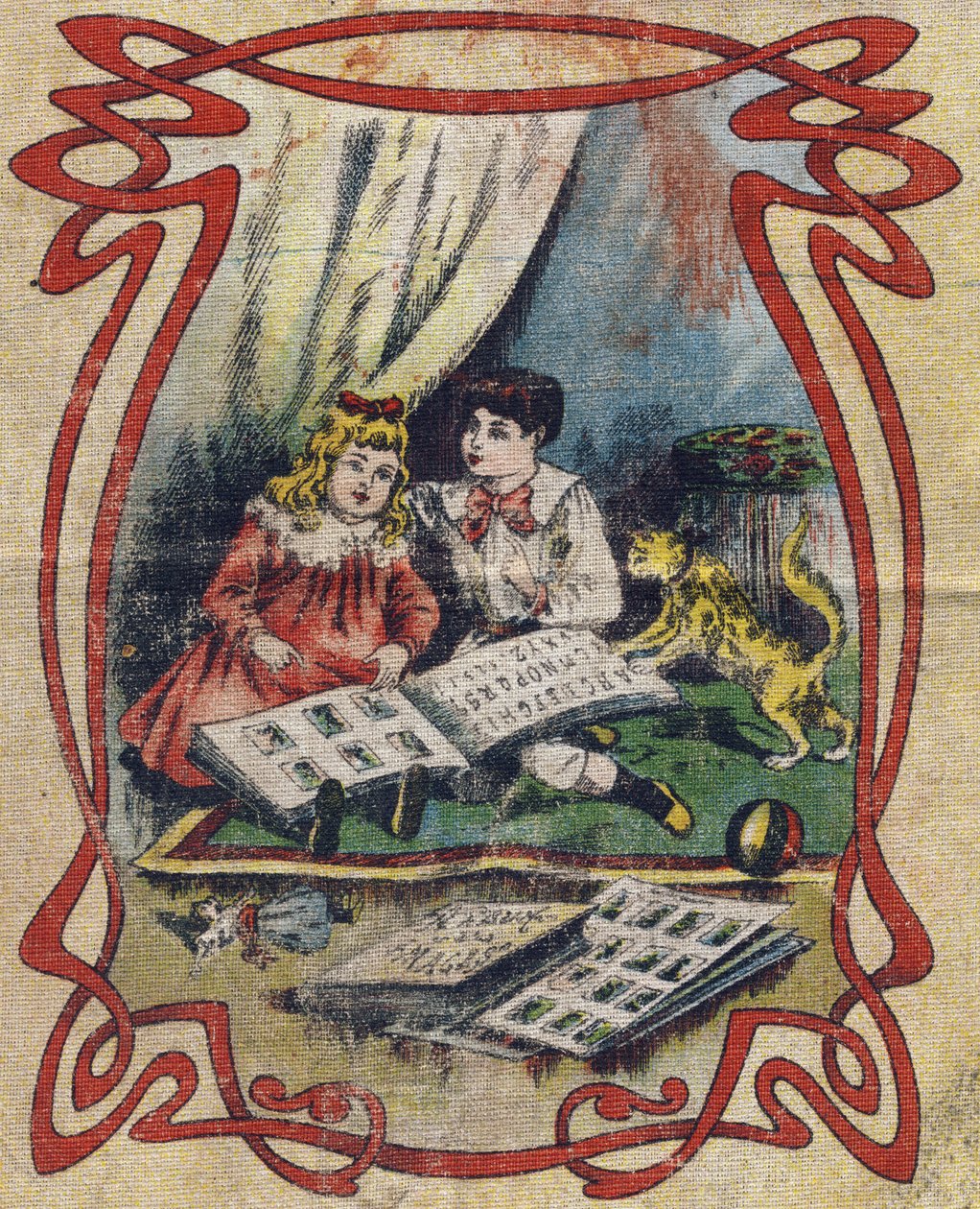 Děti sledují obrázkovou knihu k ilustraci abecedy. Čtvrtý obal alba drolatic . Série číslo 4 v albech-chromo na plátně. Chromolitografie na tkáni. Imaging Marcel Vagne, Jarville-Nancy, začátek 20. století. Rozměr: 25 x 17,5 cm od Unbekannt