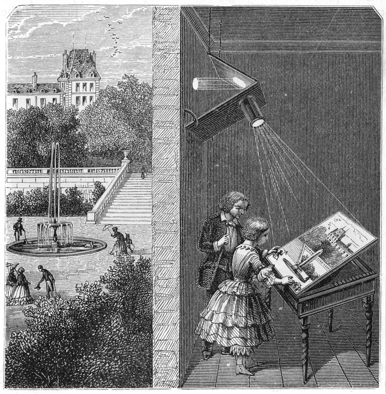 Děti sledující venkovní scénu přes camera obscura, 1887 od Unbekannt