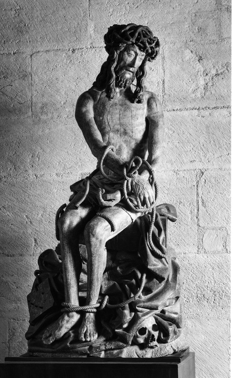 Socha Krista s vazbami. Hospices Civiles de Beaune založené v roce 1443 kancléřem Nicolasem Rolinem, Beaune (Cote d